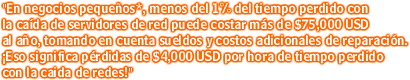 "En negocios pequeños*, menos del 1% del tiempo perdido con la caída de servidores de red puede costar más de $75,000 USD al año, tomando en cuenta sueldos y costos adicionales de reparación. ¡Eso significa pérdidas de $4,000 USD por hora de tiempo perdido con la caída de redes!"